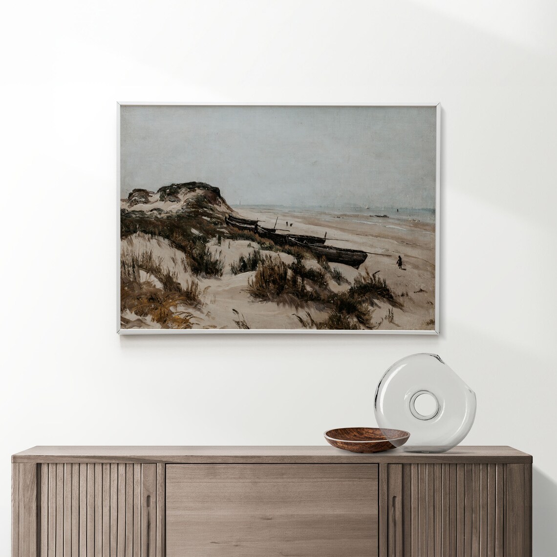 Muted Neutral Beach Painting Sand Dunes Boats Calm Sea Coastal Poster - Image 2