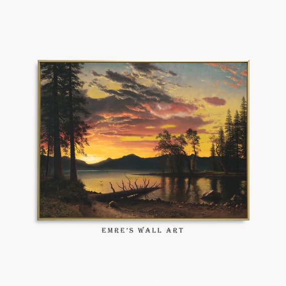 Vintage Lake House Wall Decor Muted Landscape Wall Art Sunset Oil Painting Print Nature Art Prints