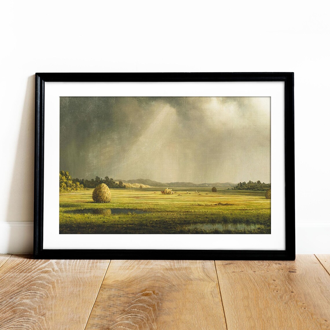 Haystacks Field Sunbeams Moody Harvest Landscape Oil Painting Poster - Image 2