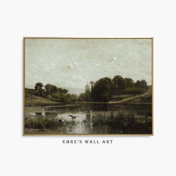 Country Pond Landscape Painting Vintage Rustic Valley Art Print Farmhouse Moody Wall Decor Living Room Painting