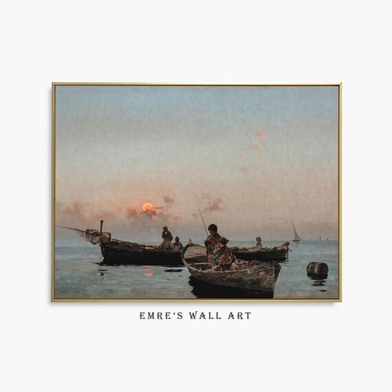 Fishing Boats at Sunset Vintage Seascape Orange Sun Ocean Painting Poster