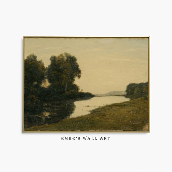 Vintage River Landscape Print Green Moody Country Oil Painting Nature Wall Art Decor Antique Rustic Poster