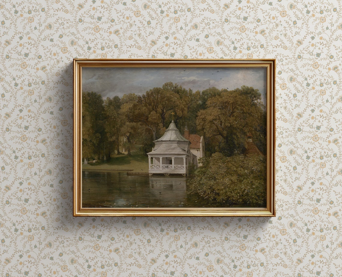 Cottage Core Lakeside Boathouse Moody Oil Painting Art Print - Image 3