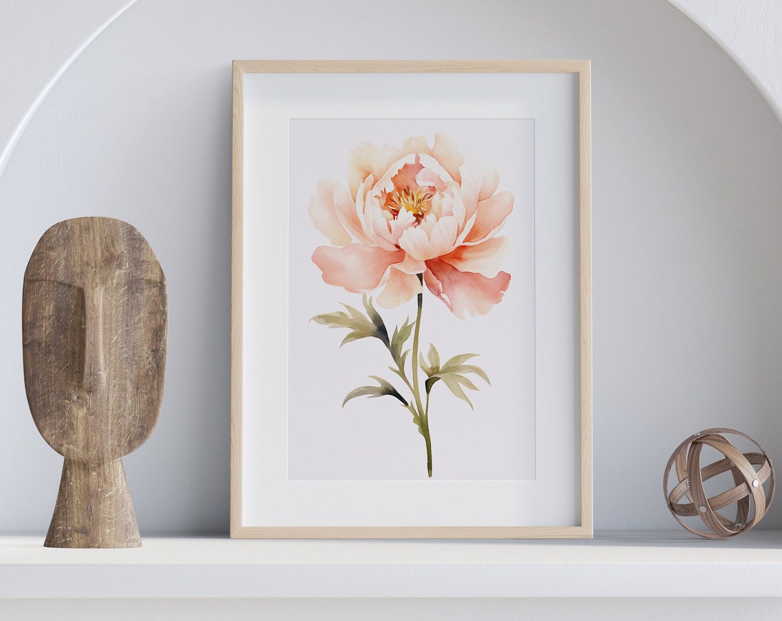 Peach Peony Single Bloom Soft Watercolor Delicate Floral Art Poster
