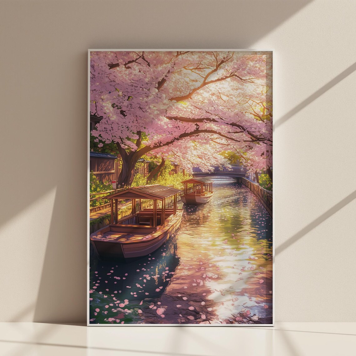 Cherry Blossom Canal Wooden Boats Petals Japan Daytime Poster - Image 2