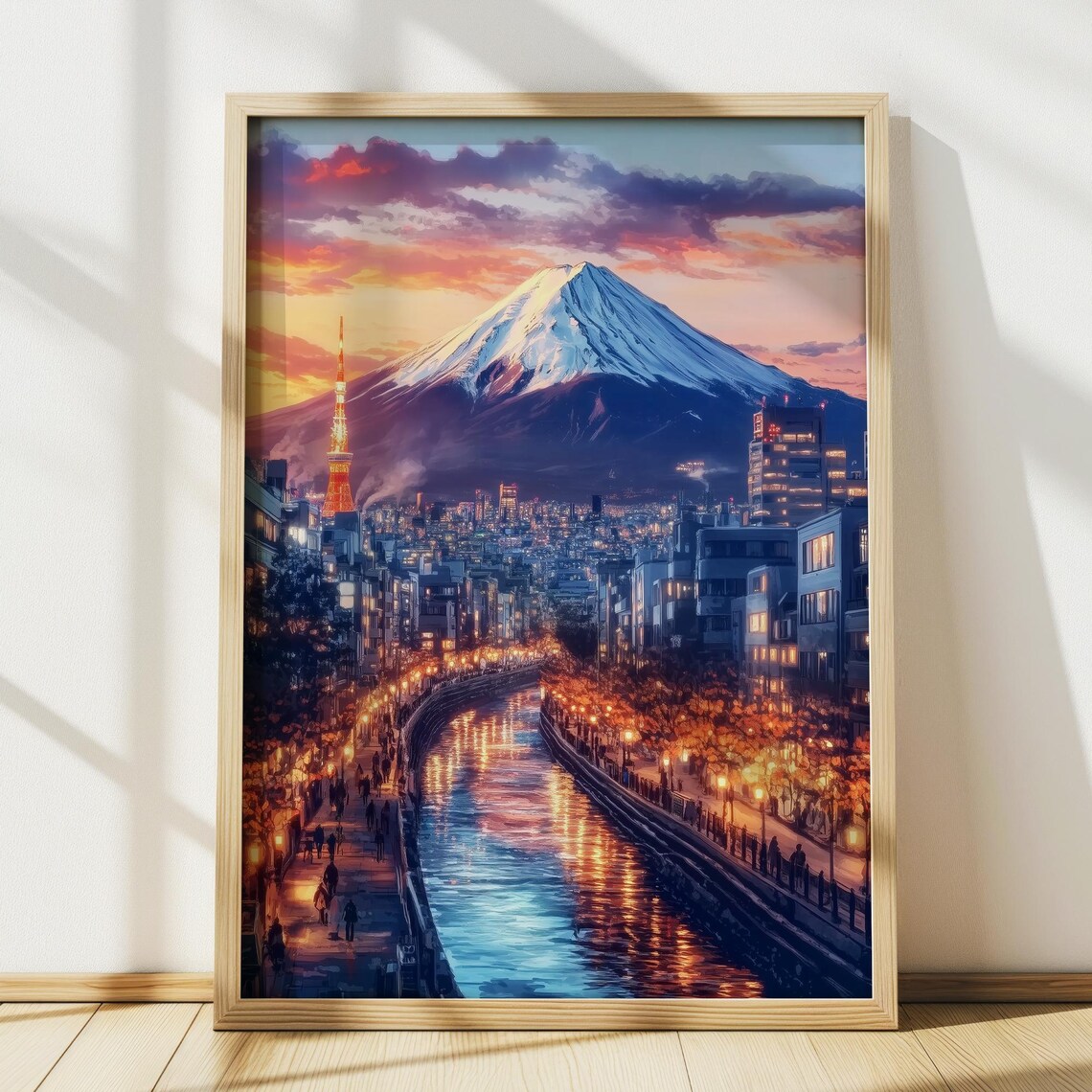 Mount Fuji Tokyo Sunset Canal Lights Evening City Japan Poster