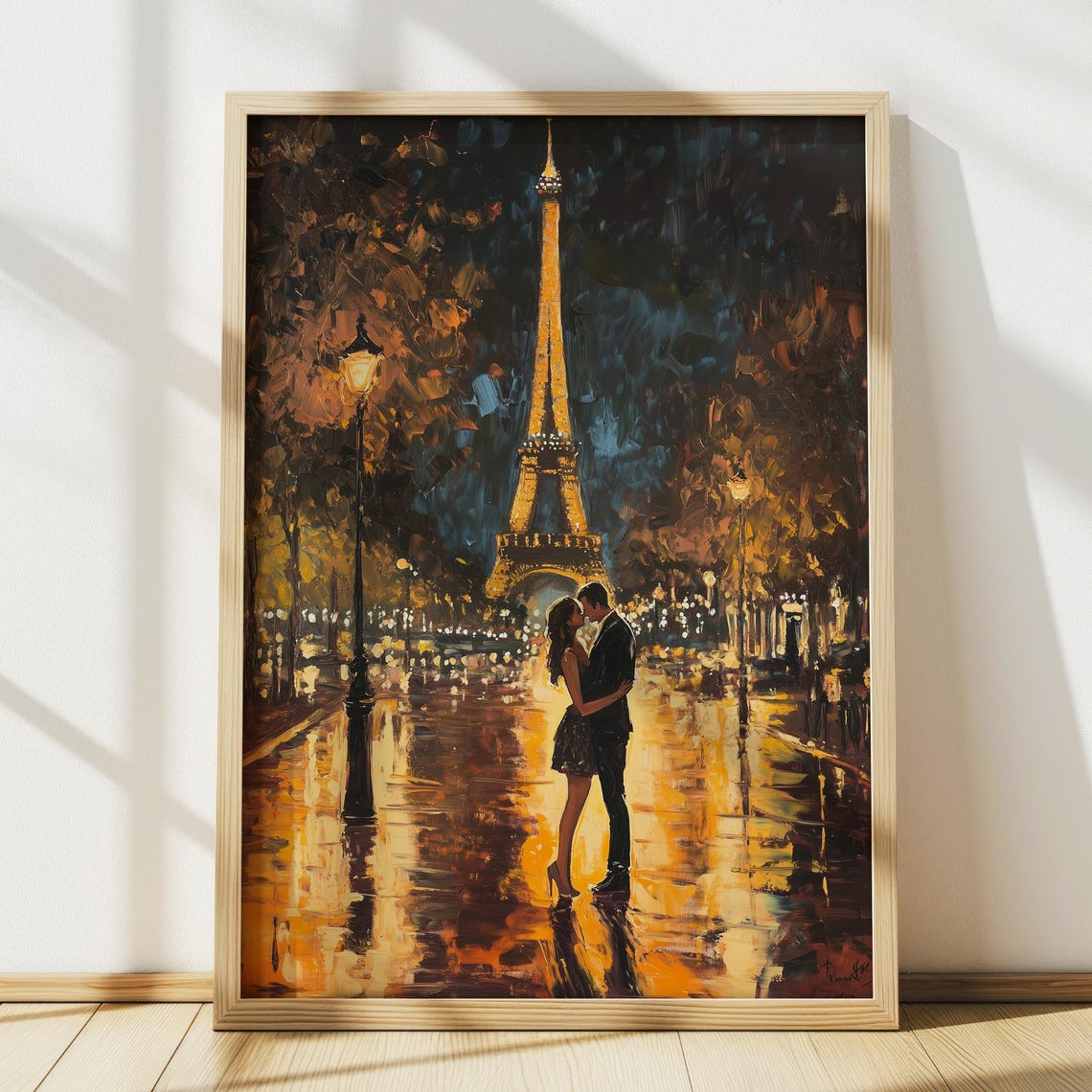 Paris Couple Embracing Under Eiffel Tower Night Travel Poster