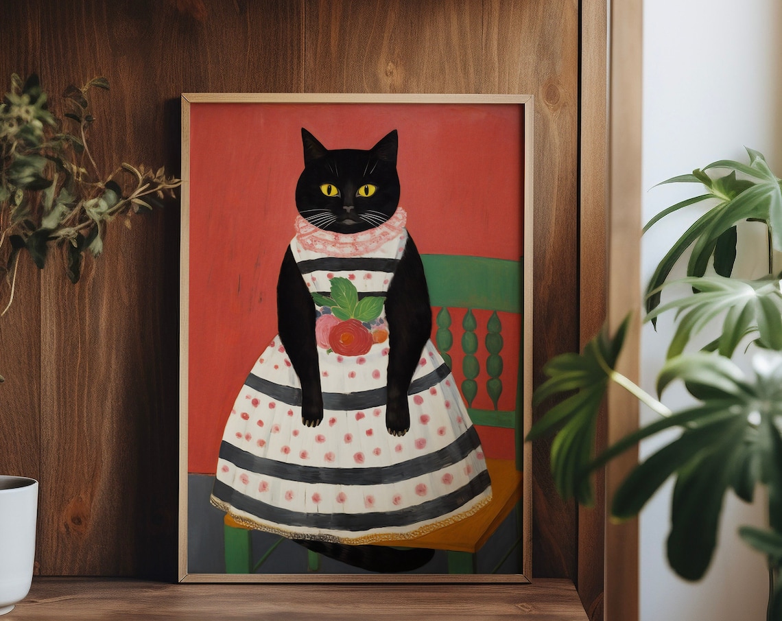 Cat With A Dress Portrait, Vintage Cat Illustration - Image 4