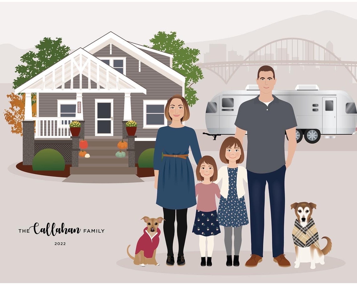 Family And House - Simple Line Art
