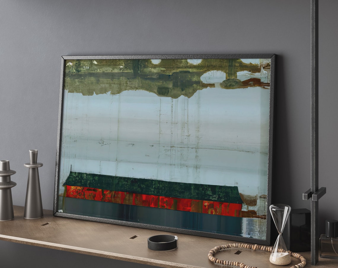Moody Abstract Landscape Red Green Horizon Band Modern Wall Poster
