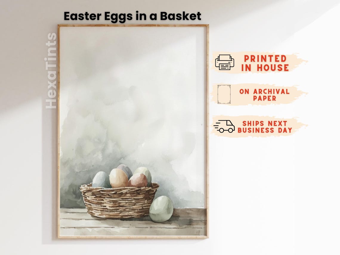 Easter Eggs In Wicker Basket Watercolor Rustic Spring Wall Art Print - Image 4