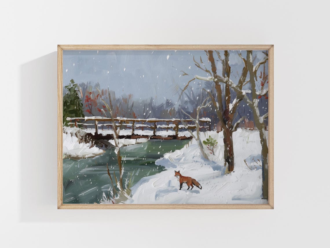 Winter Creek Fox Snowy Bridge Landscape Painting Rustic Art Print