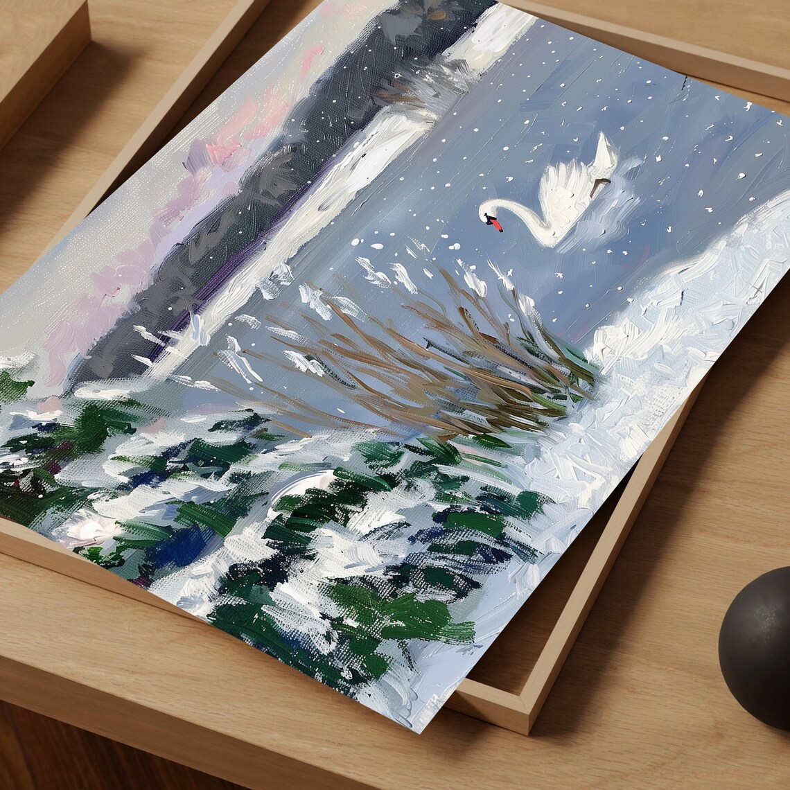 Winter Landscape Painting, Swan In A Lake - Image 3