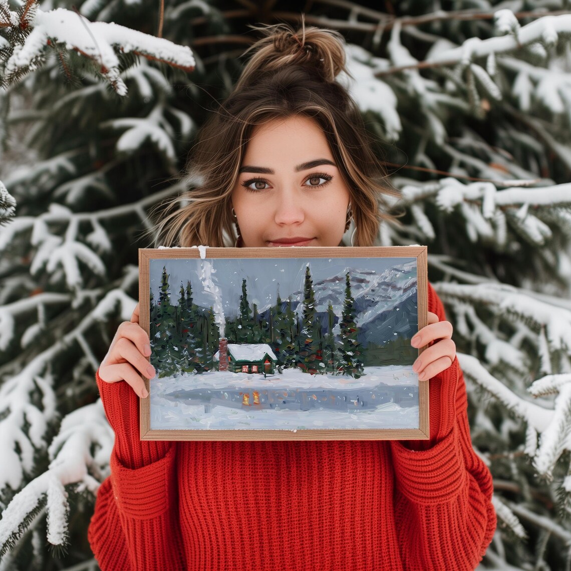 Cozy Winter Cottage Night Painting Snowy Cabin Moonlit Art Poster - Image 4