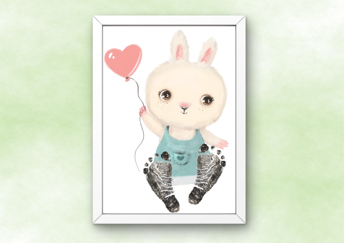 Bunny In Overalls With Heart Balloon Footprint Nursery Poster - Image 2