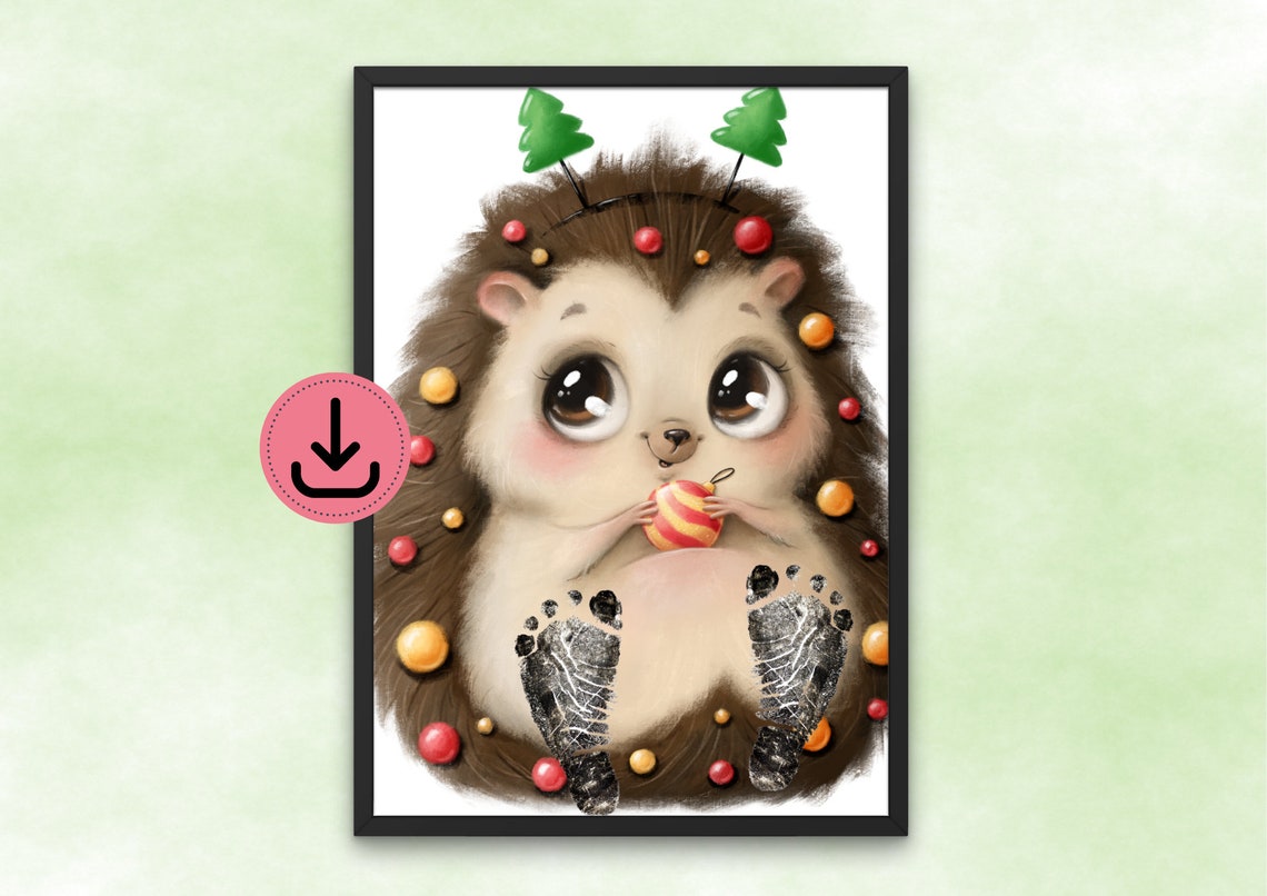 Christmas Hedgehog With Ornaments Baby Footprint Keepsake Poster