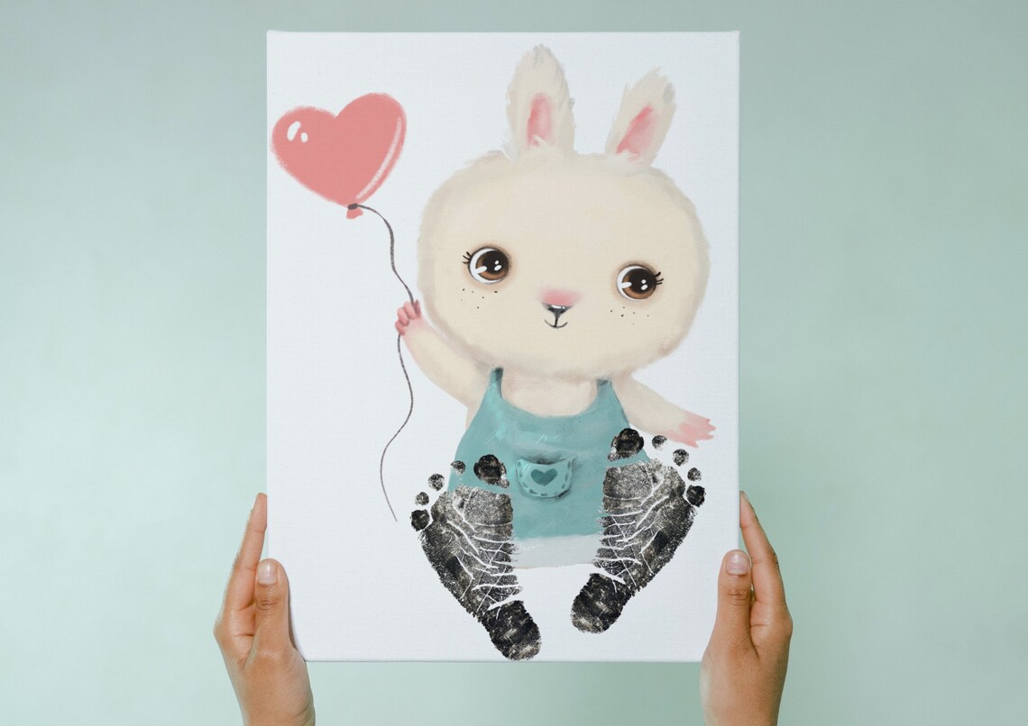 Bunny In Overalls With Heart Balloon Footprint Nursery Poster - Image 3