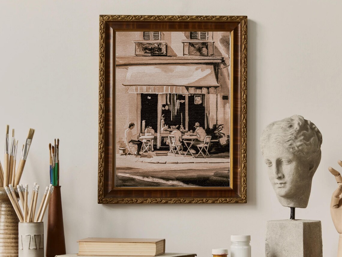 Parisian Street Cafe Sepia Tone People at Outdoor Tables Art Poster