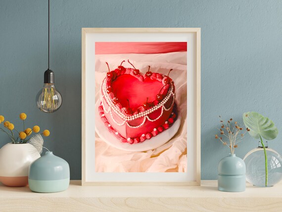 Cherries Pearls Cake Vintage Dessert Art Retro Whimsical Kitchen Wall Feminine Decor