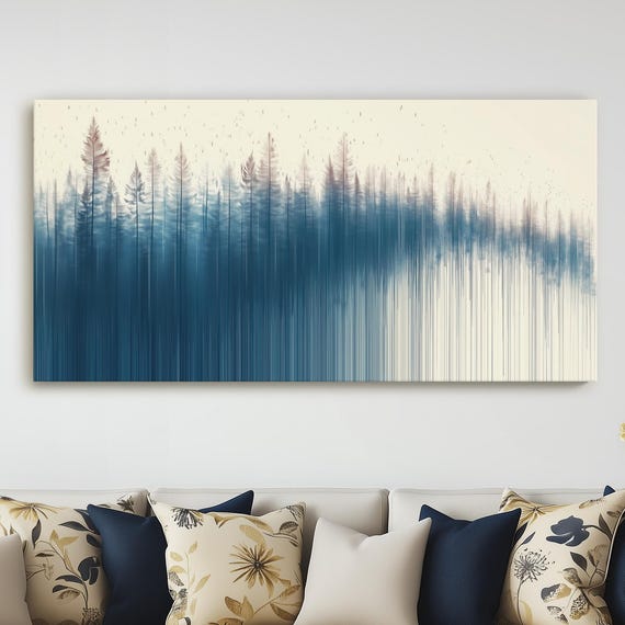 Nature Forrest Abstract Canvas Art Muted Blue And White Patterned Painting Minimalist Tall Trees Modern Wall Decor For Lovers