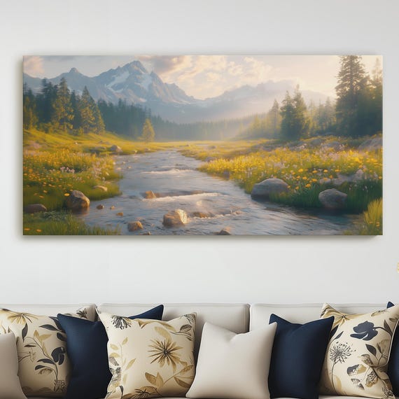 Fastflowing Mountain Stream Painting Sunlight Sparkling On Water Rugged Nature Landscape Canvas Print Wild And Serene Wall Art