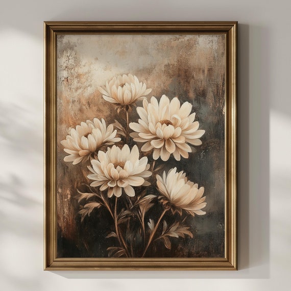 Crysanthemum Flowers Wall Art Floral Wall Decor Dark Wildflower Moody Birth Flower Oil Painting Home Decor Gift