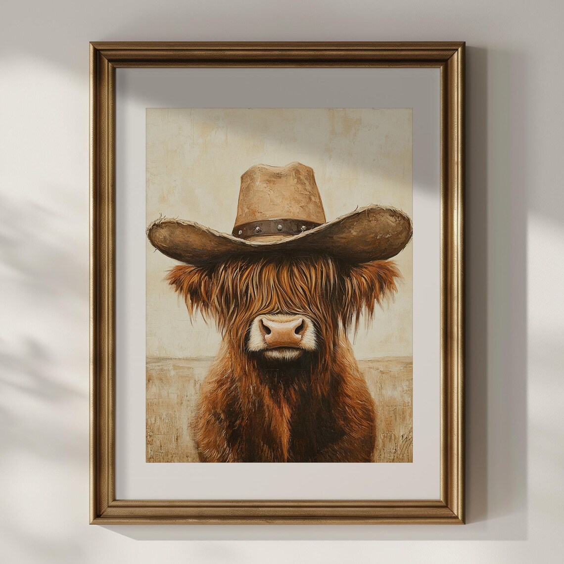 Brown Highland Cow Wearing Cowboy Hat Funny Western Farmhouse Wall Art