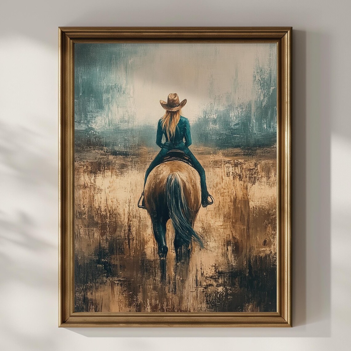 Cowgirl Riding Horse Away Through Golden Field Oil Painting Poster
