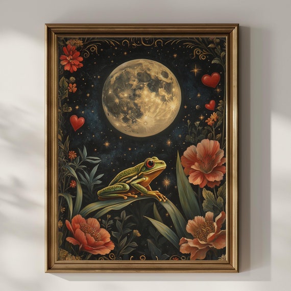 Celestial Tree Frog Wall Art Wildflower Full Moon Witchy Occult Cottagecore Gothic Art Deco Vintage Wall Decor