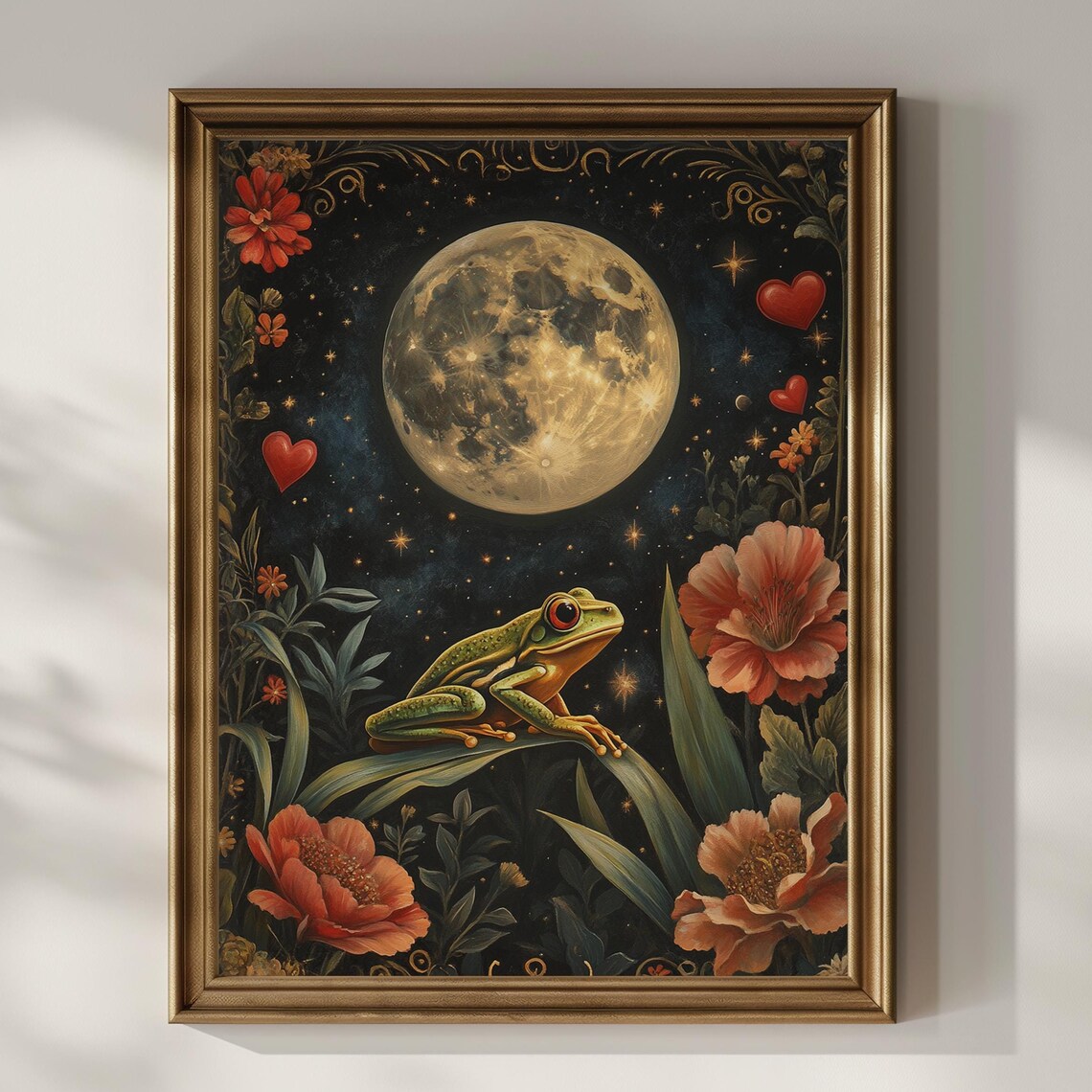 Tree Frog on Leaf under Full Moon with Hearts Whimsical Night Art Poster