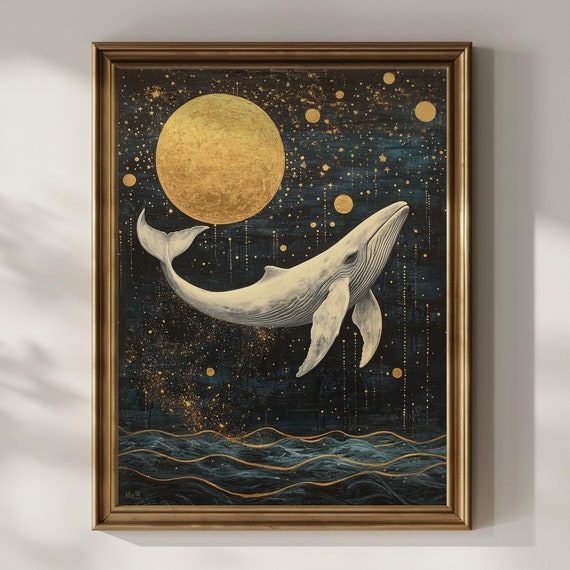 Celestial Whale Wall Art Wall Decor Full Moon Art Deco Oil Painting Dark Ocean Whale Lover Gifts Poster