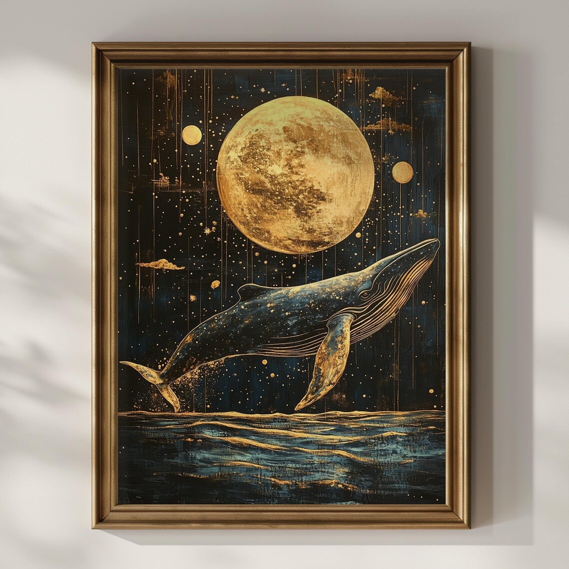 Whale Swimming Up Toward Golden Moon Starry Night Sea Wall Art