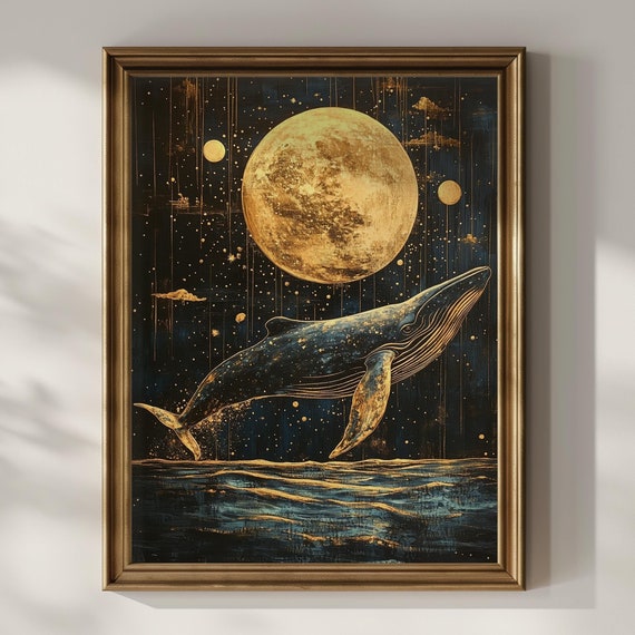 Celestial Whale Wall Art Enchanting Wall Decor Full Moon Art Deco Oil Painting Dark Ocean Whale Lover Gift Poster