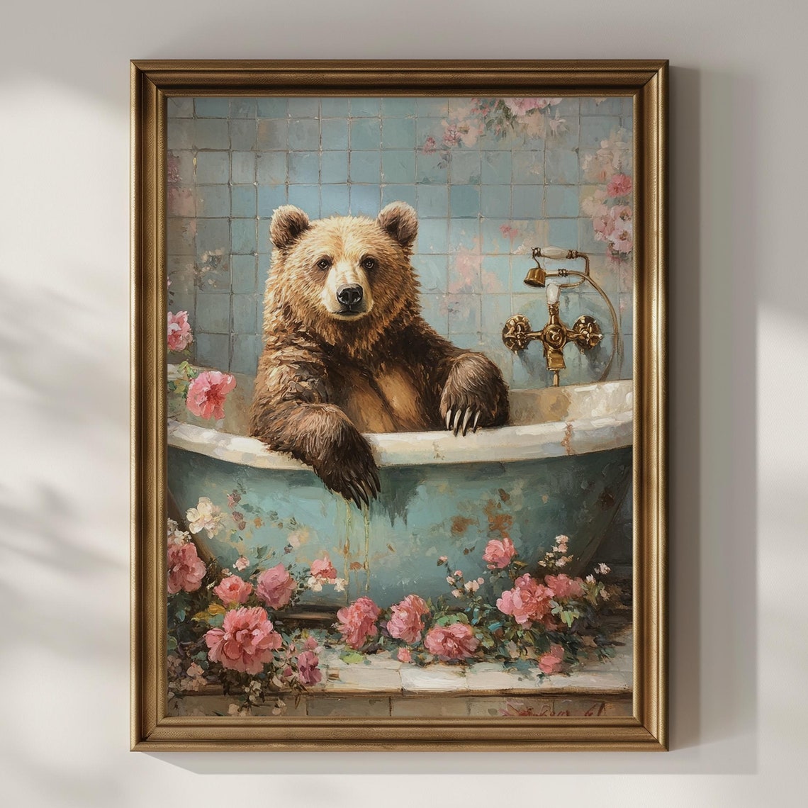 Grizzly Bear In Bathtub Vintage Bathroom Art Print