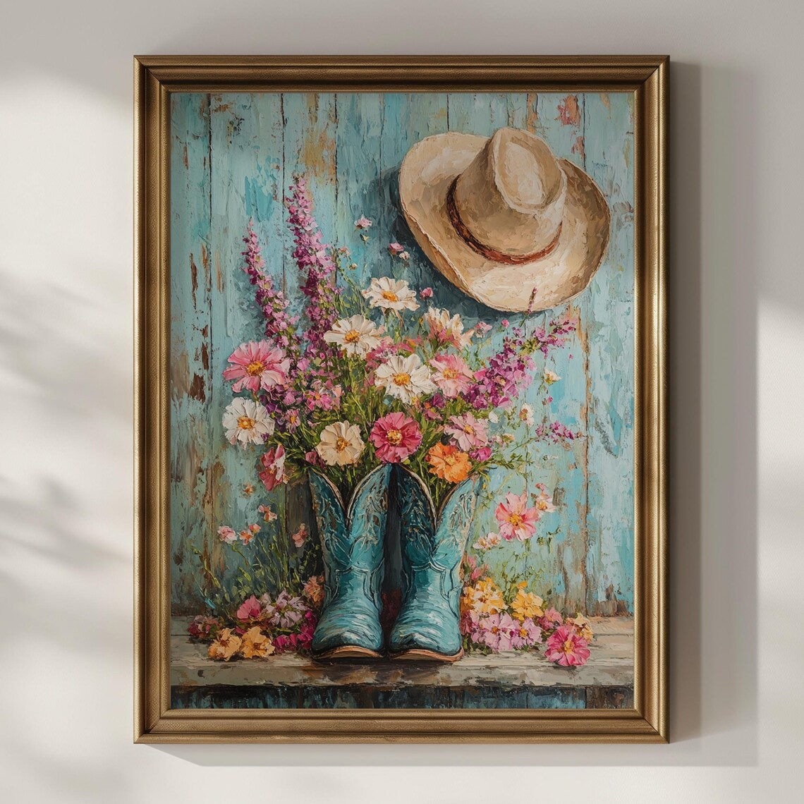 Teal Cowboy Boots Flower Vase with Cowboy Hat Western Art Poster