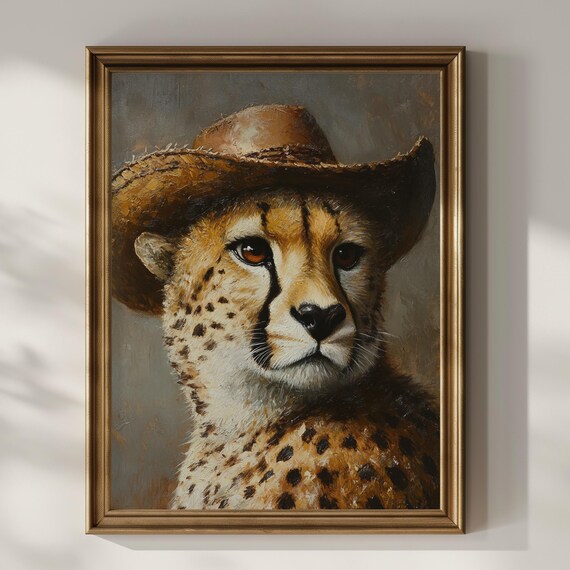 Cheetah Wearing Straw Cowboy Hat Oil Painting Western Wild Cat Art Poster