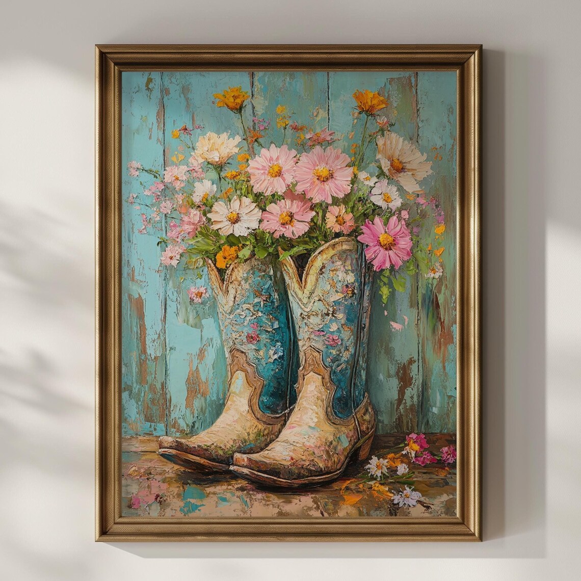 Cowboy Boots Poster Print Vintage Flowers Floral Oil Painting Modern Trendy Wall Art Boho Style Western Wall Decor Cowgirl Gift Matte Poster
