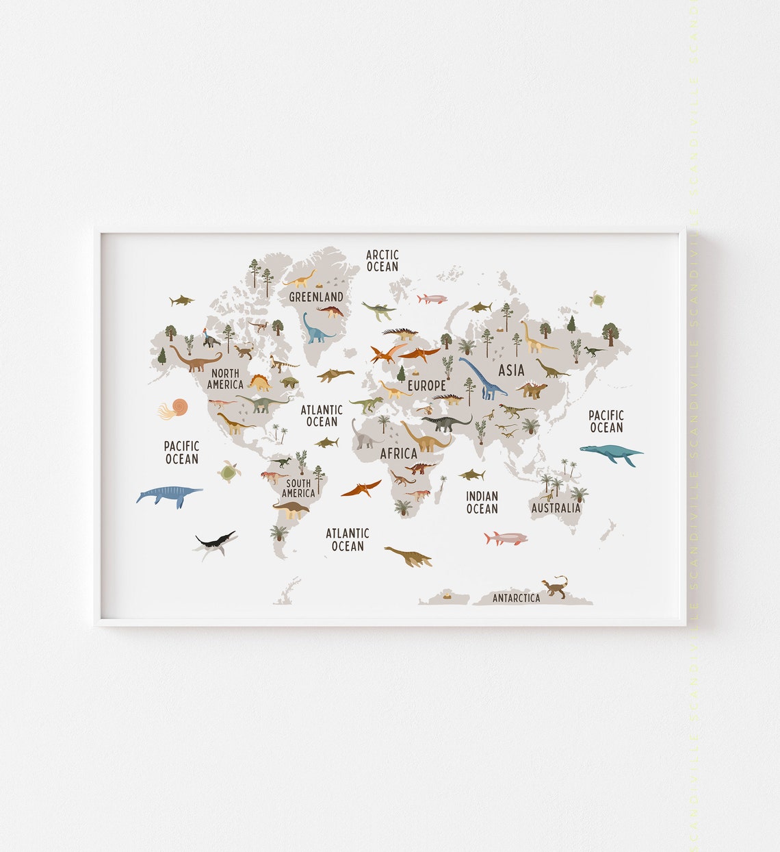 Dinosaur World Map White Nursery Dinosaurs Kids Room Wall Art - Image 3