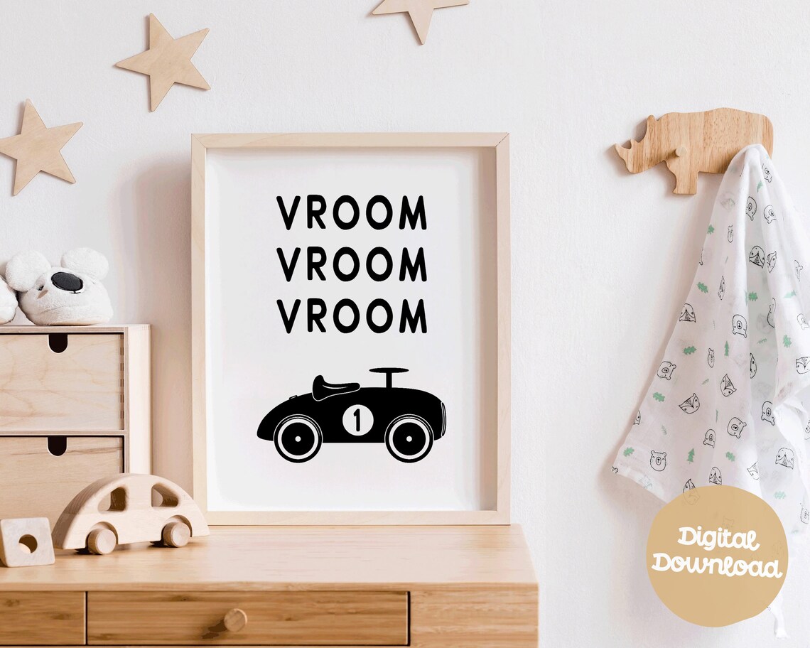 Vroom Vroom Race Car Monochrome Vintage Racer Kids Poster Decor - Image 2