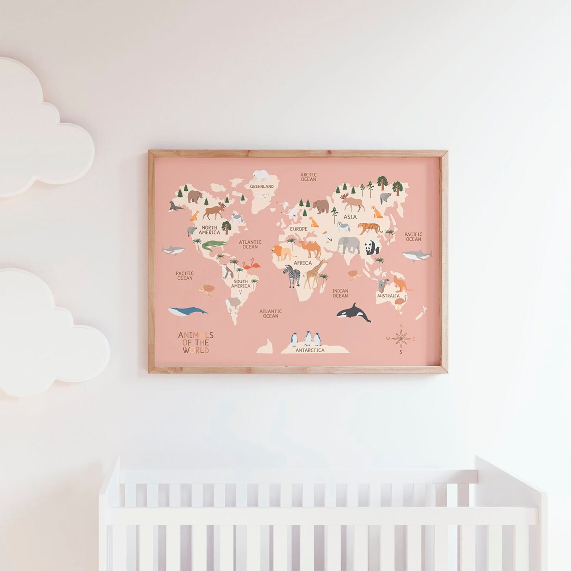 Animals Of The World Pink Nursery World Map Educational Poster Decor - Image 2