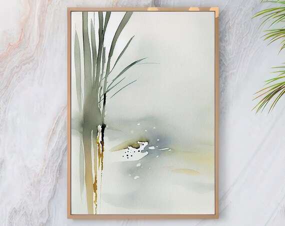 Abstract Watercolor Reeds Sage Green Gold Minimalist Botanical Poster