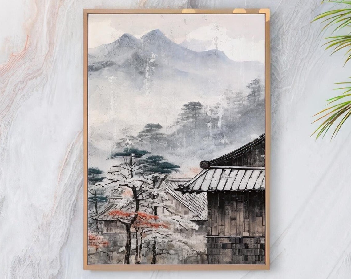 Japanese Ink Painting Misty Mountains Village Rooftops Zen Poster