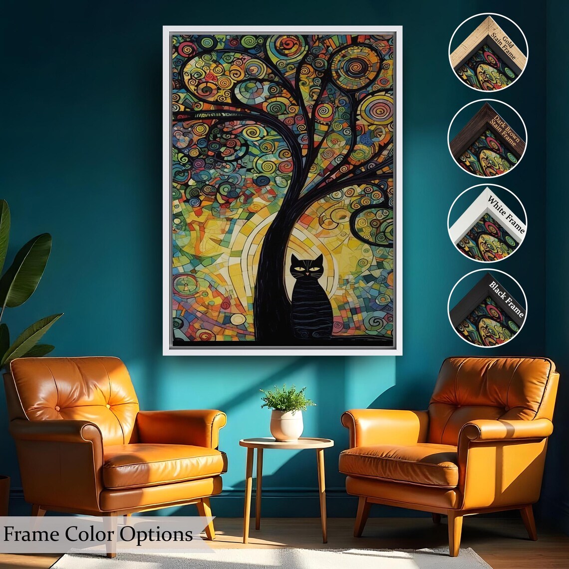 Black Cat Mosaic Tree Colorful Swirl Stained Glass Style Art Poster - Image 2
