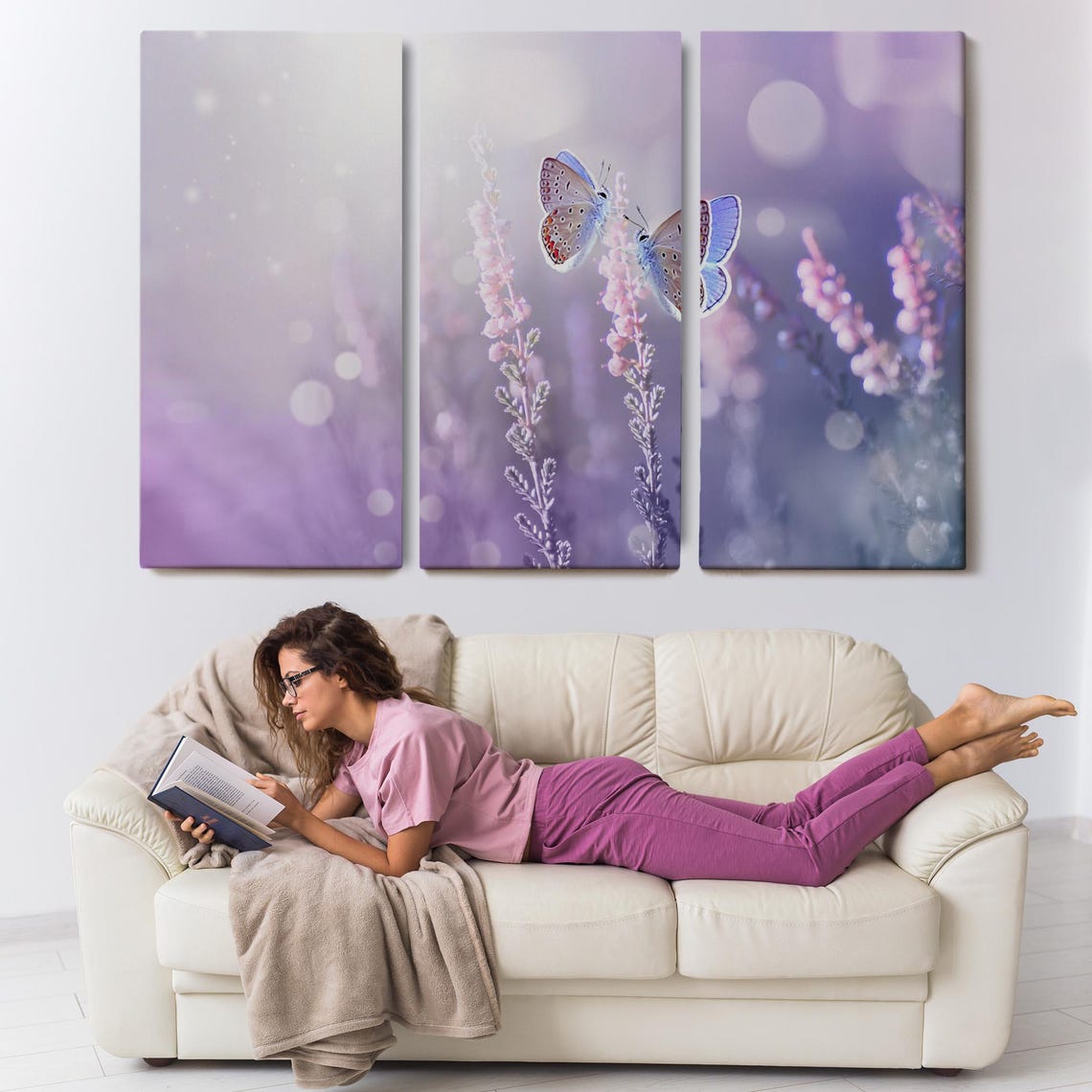 Two Blue Butterflies on Lavender Sprigs Dreamy Purple Bokeh Wall Art - Image 3