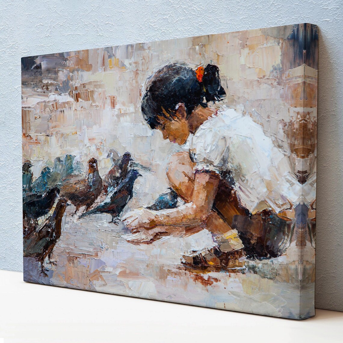 Little Girl Feeding Pigeons Impressionist Oil Painting Art Poster