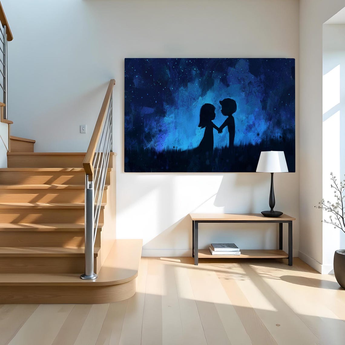 Little Lovers Holding Hands Starry Blue Night Silhouette Art Poster - Image 2