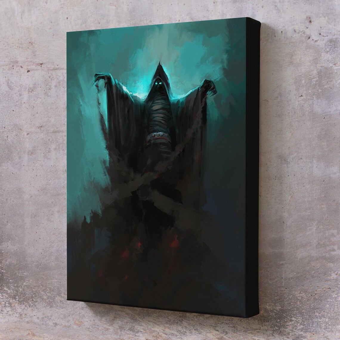 Dark Hooded Spirit With Glowing Eyes In Teal Mist Gothic Halloween Poster