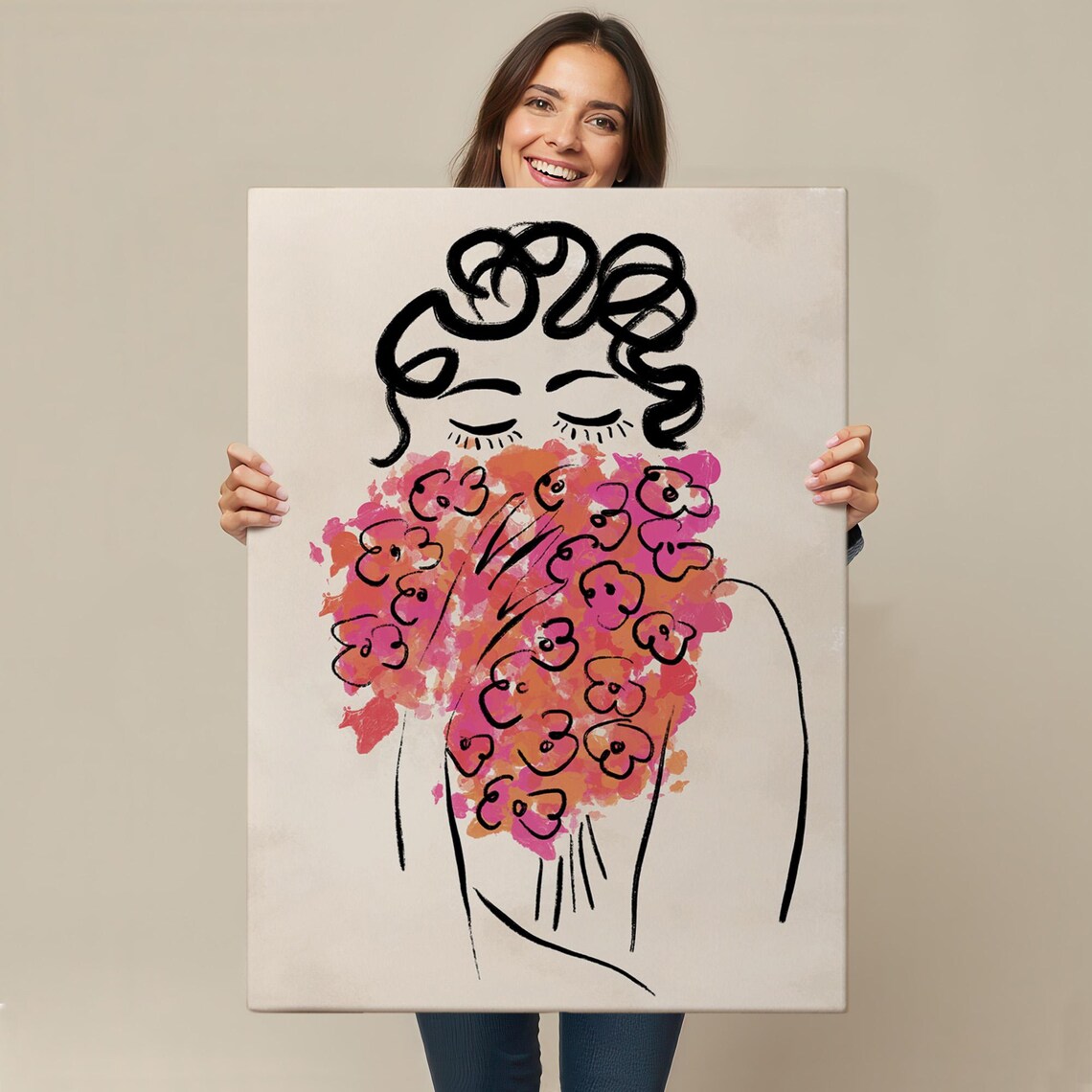 Minimalist Line Art Woman With Pink Flower Bouquet Boho Chic Wall Poster - Image 4