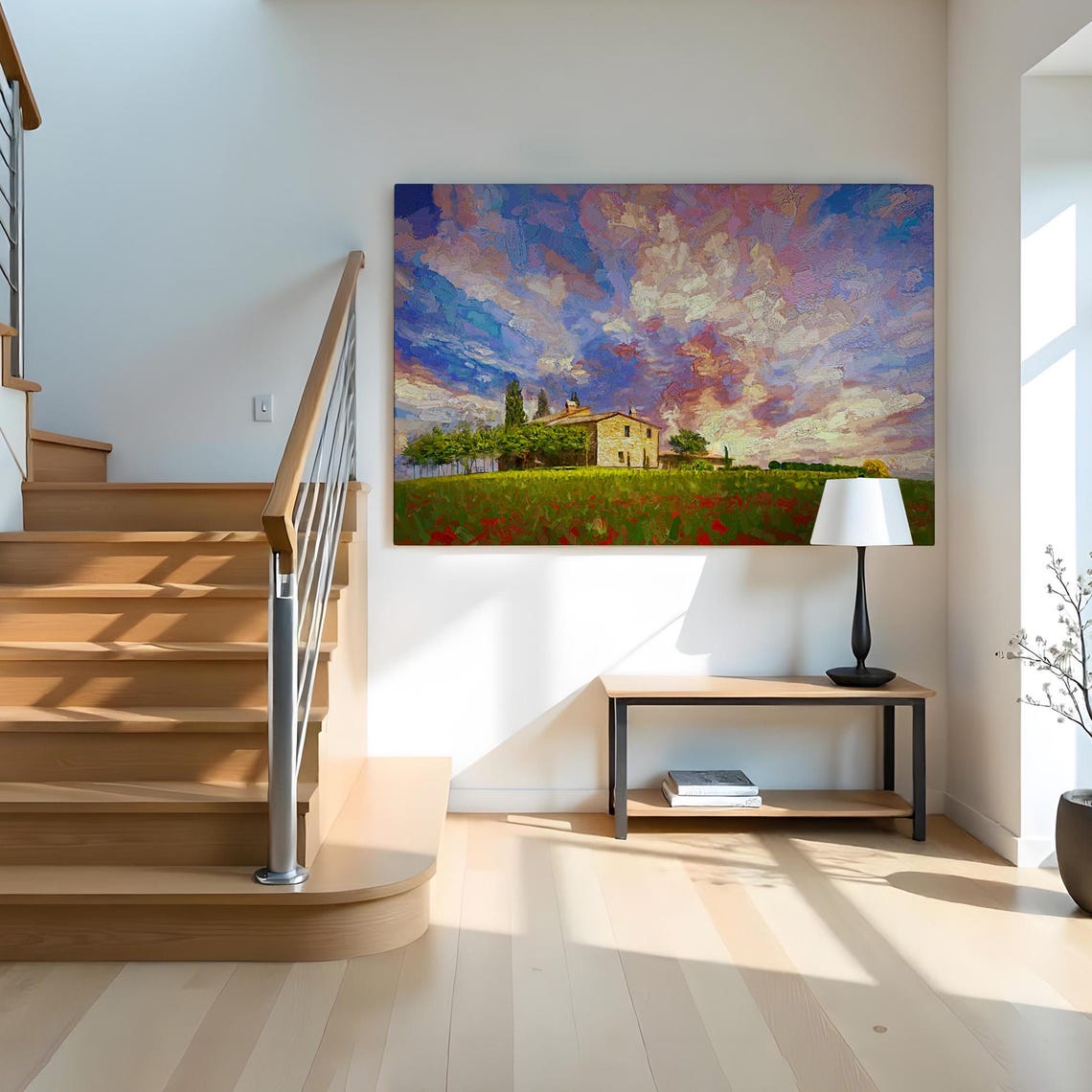 Tuscan Farmhouse Red Poppy Field Dramatic Sunset Sky Italy Poster - Image 2