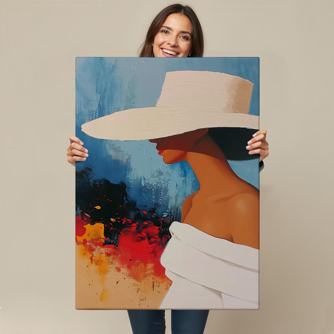 Abstract Woman White Sun Hat Blue Modern Portrait Fashion Wall Art - Image 4